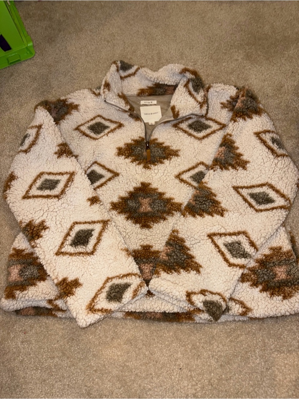 Thread & Supply Cream Sherpa Quarter-Zip with Brown & Gray Aztec Pattern